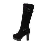 Jhebeks Boots for Women Uk Knee High Heeled Long Boots with Chunky Heel Pull On Winter Booties with Buckle Non-slip Sole Outdoor Ladies Shoes for Autumn & Winter Outfits