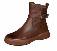 Jhebeks Brown Womens Boots Warm Flat Thick Bottom Round Toe Leather Waterproof Thickened Ankle Boots with Side Zipper Buckle Non-slip Sole Outdoor Ladies Shoes for Autumn Winter Size 4.5