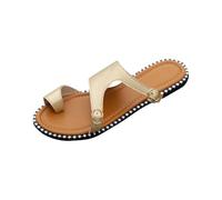 Jhebeks Gold Flip Flops Women Summer Leather Ladies Flat Summer Shoes with Buckle Strap Backless Solid Plain Lightweight Ladies Sandals Breathable Soft Sole Shoes for Beach Party Size 3.5