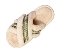 Jhebeks Khaki Slippers Women Print Open Toe Memory Foam Fluffy Slippers Women Cross Band Indoor Outdoor Fleece Lining Ladies Shoes Anti-Slip Comfy Cozy House Shoes for Autumn Winter Size 3.5