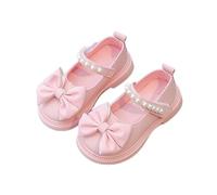 Jhebeks Pink Girls School Shoes Round Toe Soft Soled Princess Ballet Flats with Pearls Strap Bow Tie Slip-On Holiday Outdoor Mary Jane Footwear for Party Wedding Birthday 1-6 Years Size 8