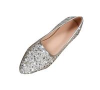 Jhebeks Silver Sandals for Women One Strap Backless Summer Womens Sandals Comfortable Ballet Flat with Ankle Strap Ladies' Classic Pointed Toe Shoes for Wedding And Walking Size 3.5