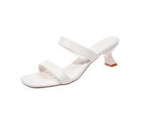 Jhebeks White Ladies Summer Slippers Block Chunky Heel Leather Slides Slip on Square Open Toe Heeled Wedding Shoes Casual Outdoor Breathable Womens Slippers for Dancing & Birthday Parties Size 3.5