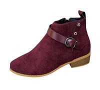 Jhebeks Wine Womens Boots Non-slip Sole Ladies Walking Booties with Side Zipper Round Toe Chunky Low Heel Short Booties with Buckle Strap Casual Outdoor Boots for Spring Autumn Winter Size 6.5