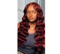 JHHJK Hair Weft 3 Bundle + 4 * 4 Lace Closure Wig, 99j Wine Red Loose Deep Wave Human Hair 150% Density(18 20 22+18 closure)