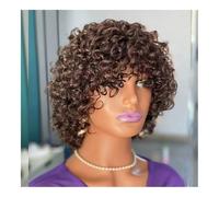 JHHJK Short Curly Human Hair With Bangs, Machine Manufacturing Wig 100g 150% Density Natural Color