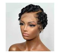 JHHJK T Part Frontal Lace Wig Deep Wave Pixie Cut Bob Wig 100% Human Hair Natural Black