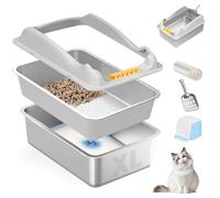 JHHJMEOW Enclosed Stainless Steel Cat Litter Box with Lid, XL Metal Sifting Litter Box for Pine Pellets,High Sides Metal Enclosed Litter Box System for Big Cats,Anti-Leakage,Easy Clean