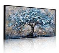 JHHUAMO Canvas Wall Art Large, Wooden Framed Botanical Prints, Blue Tree of Life Natural Wall Decoration for Living Room Bedroom Hallway Stairs Office Dining Room 24"x48"