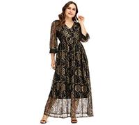 Jhichic Women's Plus Size Guipure Lace Overlay Maxi Dress Empire Waist 3/4 Sleeve Evening Party Dresses Formal (Black, 3XL)