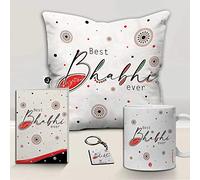 Jhingalala Gift for Bhabhi | Best Bhabhi Ever Printed Cushion with Filler, Coffee Mug, Key Chain, Greeting Card | Combo Gifts for Sister in Law, Bhabhi for Birthday, Raksha Bandhan
