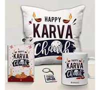 Jhingalala Happy Karwa Chauth Printed Cushion Mug Key Chain Greeting Card Combo Gift Pack | Karwachauth Gift for Wife, Karwa Chauth Gifts for Women, Gift for Karwachauth, Gift for Wife