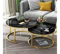 JHKG White Round Metal Frame Stacking Coffee Table - Stylish Marble-Effect Glass Top Nesting Tables for Home Office or Living Room - Sizes 70cm Black+50cm White - Perfect for Lounge Décor