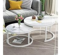 JHKG White Round Metal Frame Stacking Coffee Table - Stylish Marble-Effect Glass Top Nesting Tables for Home Office or Living Room - Sizes 70cm Black+50cm White - Perfect for Lounge Décor