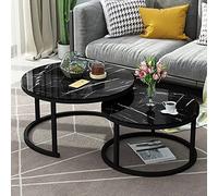 JHKG White Round Metal Frame Stacking Coffee Table - Stylish Marble-Effect Glass Top Nesting Tables for Home Office or Living Room - Sizes 70cm Black+50cm White - Perfect for Lounge Décor