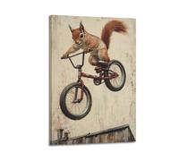 JHKJTK Animal Oil Painting A Squirrel Balancing on A BMX Bike over Rooftops, Motion Brush Texture Poster Canvas Wall Art Modern Mural Decorative Painting Hanging Artwork 12x18inch(30x45cm)