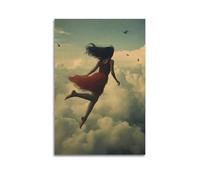 JHKJTK Exquisite Modern Family Canvas Wall Art Picture Print Photo Album-Surrealist Flying Woman Poster Dreamy Aerial Scene with Birds 20x30inch(50x75cm)