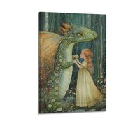 JHKJTK Exquisite Modern Family Canvas Wall Art Picture Print Photo Album-Watercolor Animal Poster Girl And Dragon Fantasy Illustration 24x36inch(60x90cm)