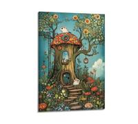 JHKJTK Minimalist Abstract Canvas Wall Art Prints Picture - Boho Animal Poster with Whimsical Mouse And Mushroom House Bedroom Decor Artwork Posters 16x24inch(40x60cm)