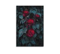 JHKJTK Minimalist Abstract Canvas Wall Art Prints Picture - Dark Academia Botanical Poster Dark Red Roses And Green Leaves Bedroom Decor Artwork Posters 12x18inch(30x45cm)