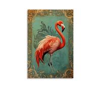 JHKJTK Minimalist Canvas Wall Art Picture Print-Vintage Flamingo Poster with Ornate Frame And Teal Background Modern Family Room Decor Unframe-style 16x24inch(40x60cm)