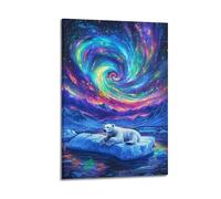JHKJTK Poster Frame Canvas Wall Art Prints for Bedroom Decor - Animal Lying Polar Bear Under Starry Galaxy 24x36inch(60x90cm) Picture Frame Artwork