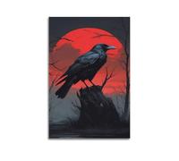 JHKJTK Poster Unframe Canvas Wall Art Prints for Bedroom Decor - Animal Red Moon Background Stump Standing Crow 12x18inch(30x45cm) Picture Unframe Artwork
