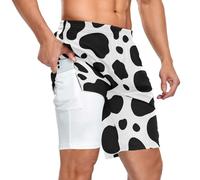 JHKKU Men's 2 in 1 Workout Running Print Shorts Quick Dry Athletic Shorts with Phone Pockets and Towel Loop, Cow Print, XX-Large