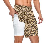 JHKKU Men's 2 in 1 Workout Running Shorts, Gym Athletic Shorts for Men Lightweight Training with Pockets and Towel Loop, Leopard Print, X-Large