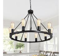 JHLBYL 10 Lights Wagon Wheel Chandelier, Black Round Wrought Iron Pendant Ceiling Light for Living Room, Dining Room, Vintage Circle Chandelier, E27 Dimmable Base, Height Adjustable