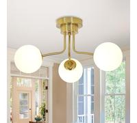 JHLBYL Modern Brass Gold Semi Flush Mount Ceiling Light, 3-Light White Globe Glass Shade with G9 Base for Living Room, Bedroom, Dining Room