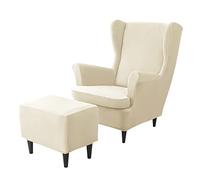 JHLD Stretch Wing Chair Cover Set, Velvet Wingback Chair Cover and Ottoman Cover 2 Piece Wing Chair Slipcover 1 Piece Ottoman Slipcover for Living Room-beige-3 Piece