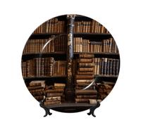 JHLMN - 10 inch bone china decorative plaque with display stand porcelain plaque for hanging ceramic ornaments crafts antique books in library dinner plates