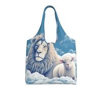 JHLMN Canvas Aesthetic Tote Bag For Women Shopping Bag Large Capacity Shoulder Bag Lamb With A Lion On The Clouds Reusable Grocery Bags
