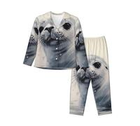 JHLMN Womens Pajamas Set Button Down Pjs Harp Seal Painting Long Sleeve Sleepwear with Pocket Nightwear Lounge Sets, Black, M