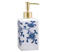 JHNIF Blue and White Porcelain Lotion Bottle with Gold Pump, 14oz Ceramic Soap Dispenser, Bathroom Accessories
