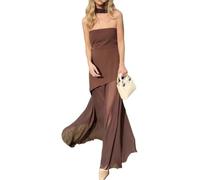 JHOMHF Summer Fashion Strapless Tub Top Dresses For Womens One-shoulder Beach Long Dress(Brown,L)