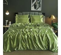 JHON CANYON Satin Bedding Set 6 Piece silk bedding with Deep Fitted Sheet Reversible silk Duvet Cover & 4 Pillowcases for Single, Double, King and Super King Size Bedding. (OLIVE GREEN, Super King)