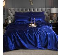 JHON CANYON Satin Bedding Set 6 Piece silk bedding with Deep Fitted Sheet Reversible silk Duvet Cover & 4 Pillowcases for Single, Double, King and Super King Size Bedding. (NAVY, Super King)