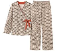 JHSDHYD Cotton Pyjamas Spring Autumn V-Neck Pyjamas Female Pajamas Sets Elegant Floral For Women Big Yards M-4XL Cotton Yukata(Color-03,XXL)