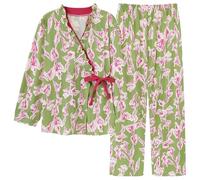 JHSDHYD Cotton Pyjamas Spring Autumn V-Neck Pyjamas Female Pajamas Sets Elegant Floral For Women Big Yards M-4XL Cotton Yukata(Color-09,XXL)