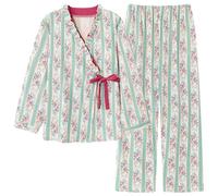 JHSDHYD Cotton Pyjamas Spring Autumn V-Neck Pyjamas Female Pajamas Sets Elegant Floral For Women Big Yards M-4XL Cotton Yukata(Color-04,L)