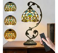 JHuiLap Tiffany Stained Glass Lamp with Remote Control, Stepless Dimming & 3 Color Temperature Adjustment, 8 Inch Metal Leaf Base Included LED Bulb for Bedroom Living Room (Yellow Baroque)