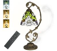 JHuiLap Tiffany Stained Glass Lamp with Remote Control, Stepless Dimming & 3 Color Temperature Adjustment, 8 Inch Metal Leaf Base Included LED Bulb for Bedroom Living Room (White Daisy)