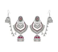 Jhumki CZ Dangle Drop Tassel Earrings Hair Chain for Women Vintage Bohemian Beaded Chandelier Dangling Stud Earring Traditional Bell Ethnic Gypsy Trendy Oxidized Indian Jewelry, L, Metal, No Gemstone