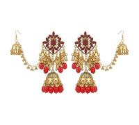 Jhumki Tassel Statement Dangle Drop CZ Flower Stud Earrings Beaded Hair Chain for Women Vintage Bohemian Gold-tone Jhumka Chandelier Dangling Bell Ethnic Gypsy Trendy Indian Jewelry, One Size, Metal