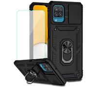 Jhxtech for Galaxy A12 4G/5G/Galaxy M12 A125 Case with Tempered Glass Screen Protector and Slide Camera Cover, Magnetic Ring Car Mount Holder Kickstand Protective Cover for Samsung Galaxy A12 4G Black