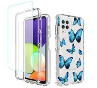 Jhxtech for Galaxy A22 4G Case, Samsung M32 4G SM-A225F Case with Tempered-Glass Screen Protector, Cute Clear Floral Pattern Full Body Protective Cover Cases for Samsung Galaxy A22 4G (Blue butterfly)