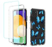 Jhxtech for Galaxy A22 5G Case, Galaxy A22S 5G SM-A226B Case with Tempered-Glass Screen Protector, Cute Clear Floral Pattern Full Body Protective Cover Cases for Samsung Galaxy A22 5G (Blue butterfly)