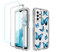 Jhxtech for Galaxy A23 Case, Samsung A23 SM-A235M Case with Tempered-Glass Screen Protector, Cute Clear Floral Pattern Full Body Protective Cover Cases for Samsung Galaxy A23 4G (Blue butterfly)